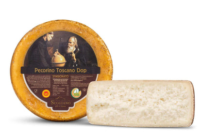 Pecorino Toscano Dop Stagionato cheese wheel and wedge with label from Seggiano