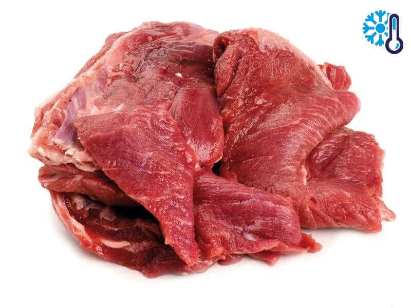 Fresh raw beef cuts piled on a white background with a frozen icon in the corner.